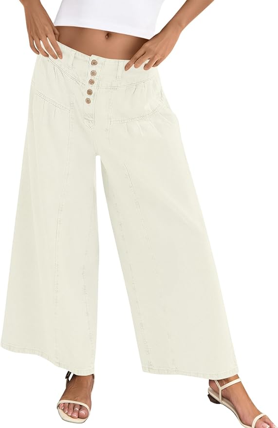 Wide Leg Jeans Baggy Elastic Waist Button Boyfriend Casual Loose Denim Pants with Pockets