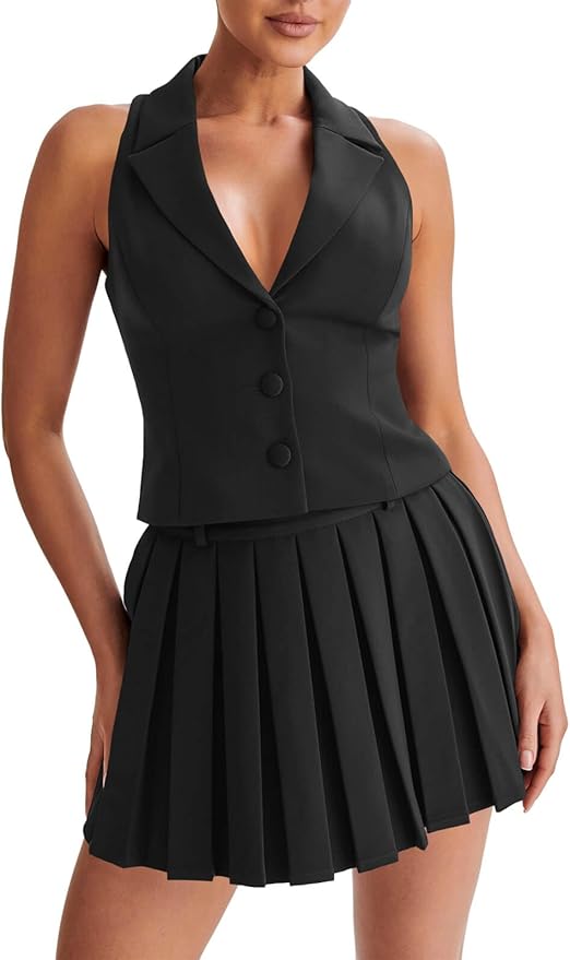 Summer 2 Piece Outfits V Neck Blazer Vest Matching Sets and Mini Pleated Skirts
