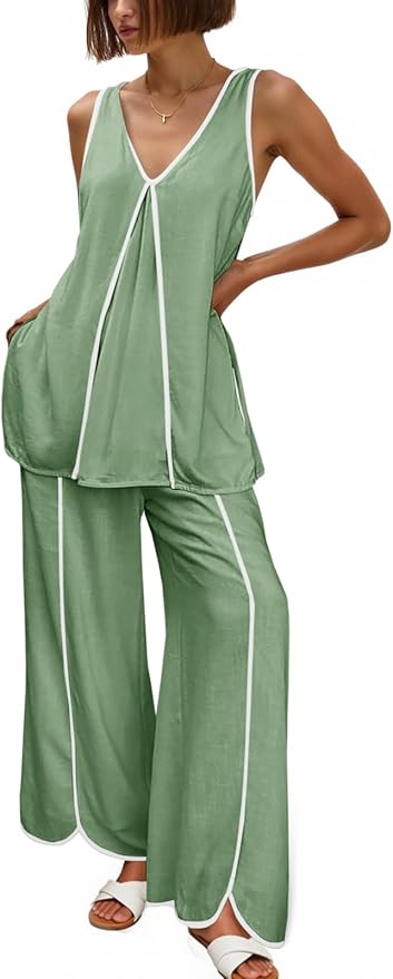 Summer Lounge Sets V Neck Sleeveless Tunic Tops Pajamas Sets Comfy Loungwear Wide Leg Pants 2 Piece Outfits