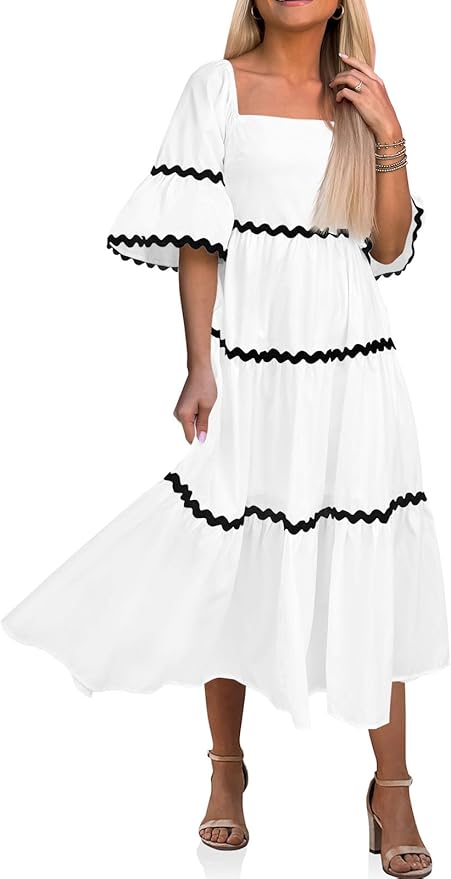 Short Sleeve Midi Dress Square Neck Contrast Color Casual Rick Rack Smocked Dresses