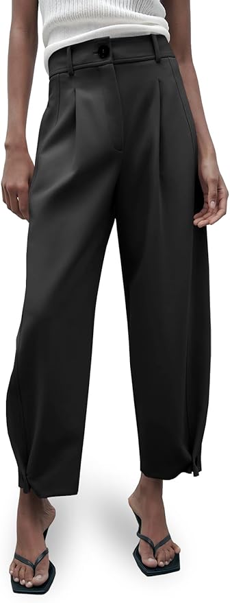 Casual Dress Pants High Waisted Button Work Office Pleated Trousers with Pockets