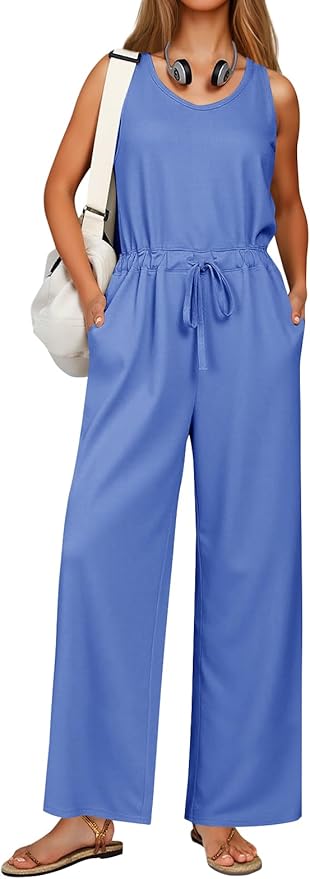 Casual Wide Leg Jumpsuits Summer Sleeveless Loose Fit Jumper Drawstring Workout Outfits