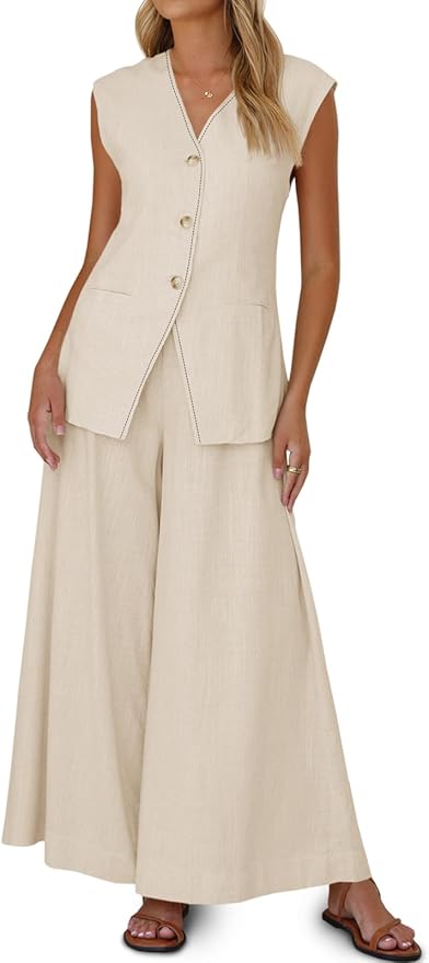 Summer 2 Piece Outfits Button Front V Neck Vest and High Waisted Wide Leg Pants Sets