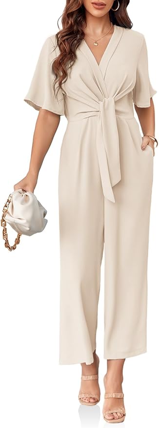 Elegant V Neck Jumpsuits Dressy Casual Short Sleeve Wide Leg Long Pants Rompers