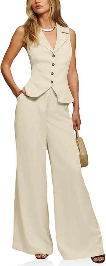 Vest Sets Summer 2 Piece Outfits Button Crop Blazer Vest and Wide Leg Pant Suits