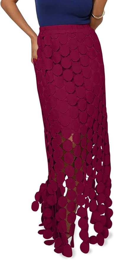 Hollow Out Maxi Skirts Summer High Waisted Boho Fringe Hem Long Skirt
