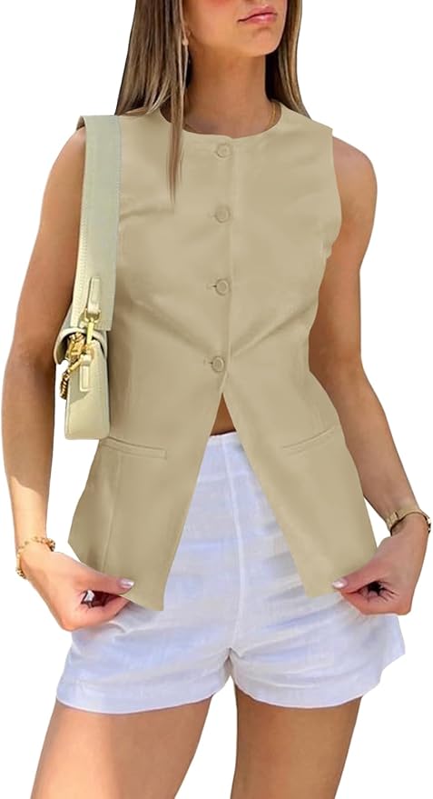 Round Neck Waistcoat Vest Summer Button up Vest Tops Casual Business Fitted Sleeveless Blazer
