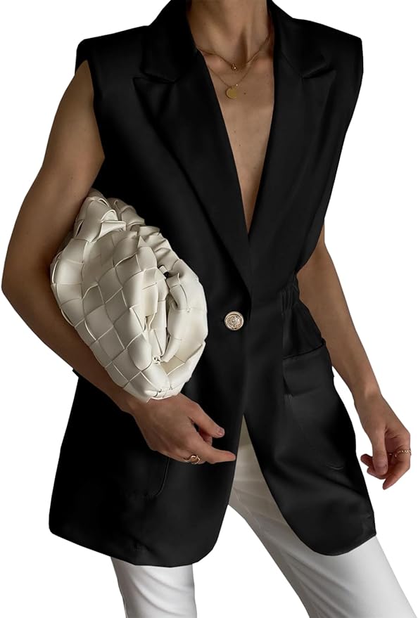 Work Casual Sleeveless Blazer Vest Fashion Open Front Lapel Elastic Waist Blazer Jackets with Pockets