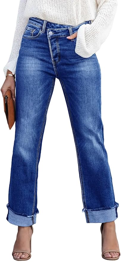 High Waisted Crossover Jeans 2024 Straight Leg Stretch Casual Cuffed Denim Pants