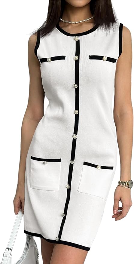 Summer Work Business Knit Dress Casual Button Color Block Crewneck Bodycon Sleeveless Mini Dresses