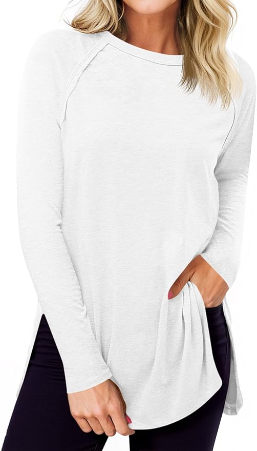 Long Sleeve Tunic Tops Side Slit Crew Neck Oversized T Shirts Fall Casual Loose Fit Basic Tees Shirts