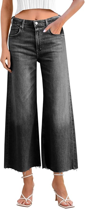 Cropped Wide Leg Jeans High Waisted Stretchy Flare Jeans Boyfriend Baggy Ankle Denim Pants with Pockets