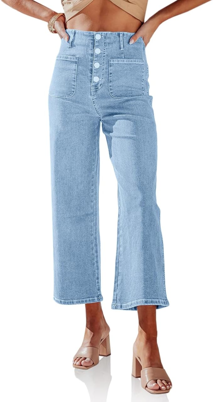 High Waisted Cropped Jeans Trendy Stretchy Button Fly Straight Wide Leg Capri Denim Pants