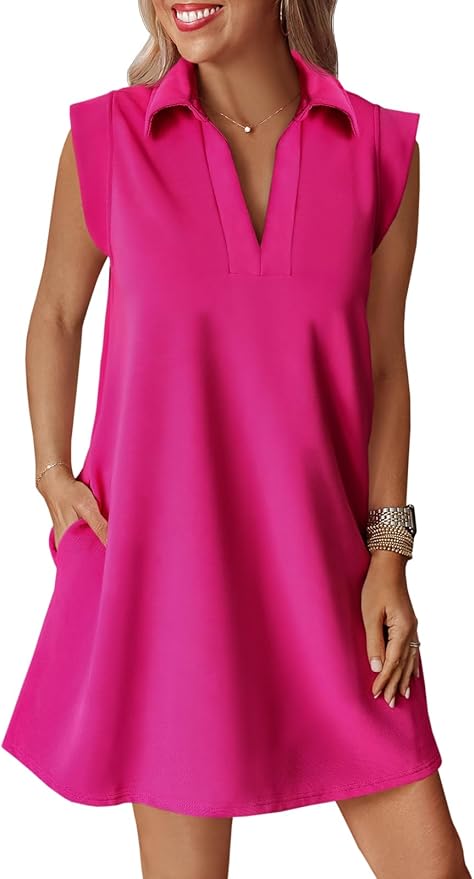 Summer Mini Dress Cap Sleeve Collared V Neck Casual Ribbed A Line T Shirt Dresses