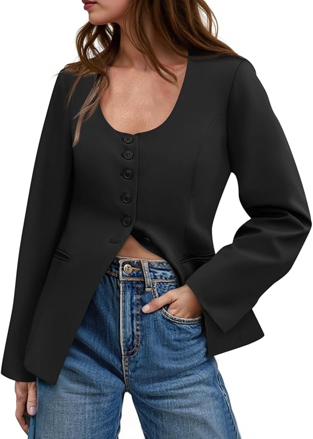 Business Work Casual Blazers Button Down Scoop Neck Split Hem Fitted Suit Jackets
