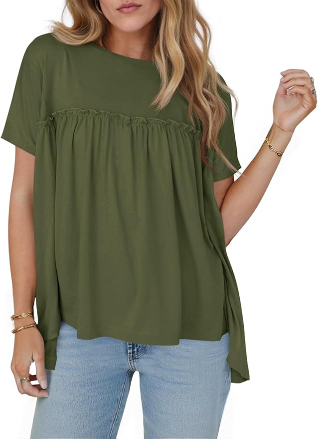 Women Summer Babydoll Tops Pleated Short Sleeve Crew Neck Peplum Blouse Casual Loose Fit T Shirts