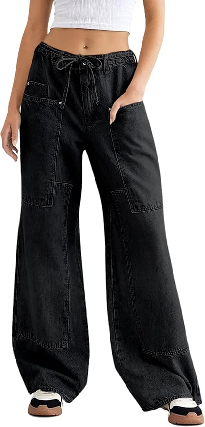 Wide Leg Jeans Vintage Mid Rise Baggy Boyfriend Belted Denim Pants with Pockets