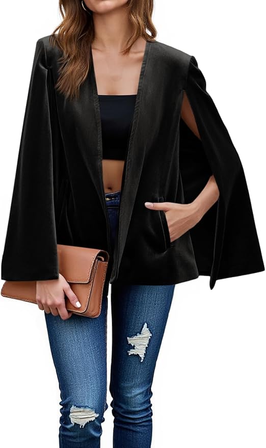 Velvet Cape Blazer Jackets Casual Split Long Sleeve Open Front Coat