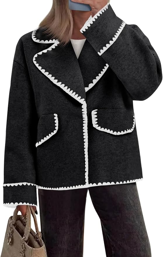 Cropped Wool Jacket Embroidered Contrast Trims Blazer Fall Short Pea Coat with Pockets
