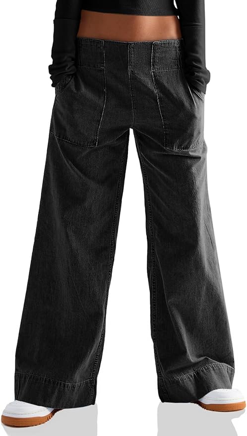 Wide Legs Baggy Jeans Elastic High Waisted Casual Loose Boyfriend Denim Pants with Pockets