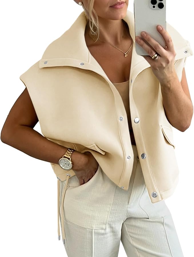 Fall Oversized Vest Cropped Button Down Cap Sleeve Lapel Collar Jackets Casual Drawstring Outerwear
