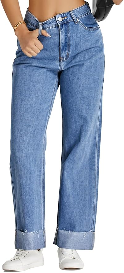 High Waisted Boyfriend Jeans Cuffed Raw Straight Leg Baggy Denim Pants with Pockets