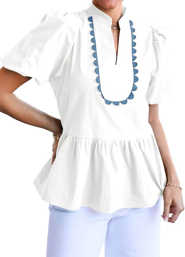 Puff Sleeve Peplum Blouses Ruffle V Neck Summer Casual Tops Babydoll Loose Fit Shirts