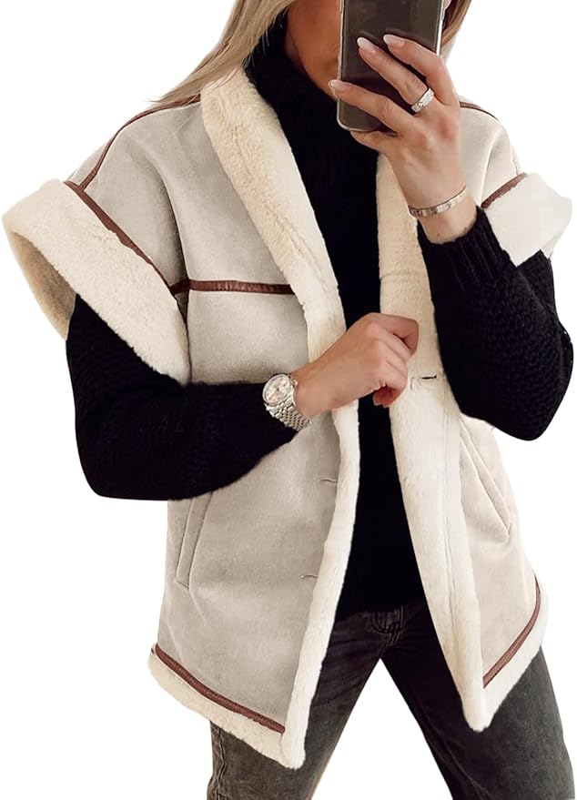 Suede Sherpa Vest Faux Fur Shearling Jacket Oversized Cap Sleeve Button Down Winter Coats