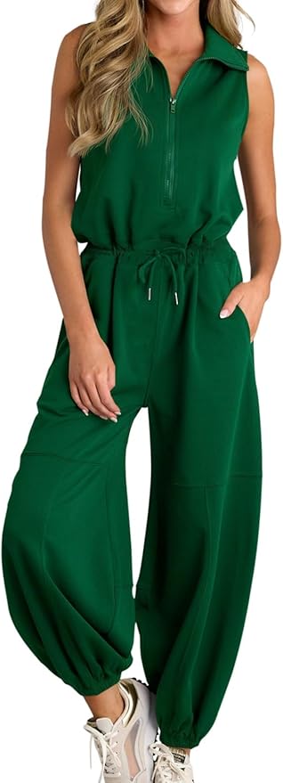 Casual Zip Up Jumpsuits Sleeveless Summer Workout Romper Drawstring Elastic Waist Loose Fit Outfits