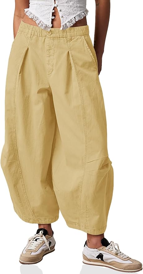 Harem Pants Casual Baggy Elastic Waist Wide Leg Beach Pants with Pockets
