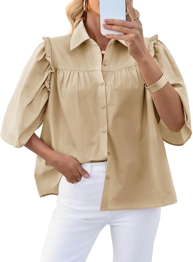 Summer Button Down Shirts Short Ruffle Puff Sleeve Cotton Blouses Dressy Casual Ladies Tops
