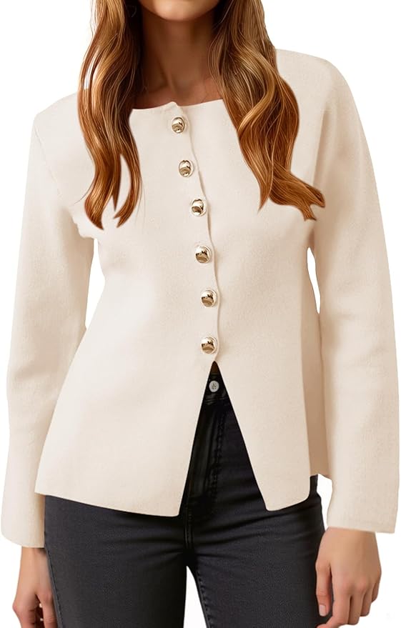 Button Up Cardigan Sweaters Lightweight Long Sleeve Knit Tops Business Casual Round Neck Fitted Jacket
