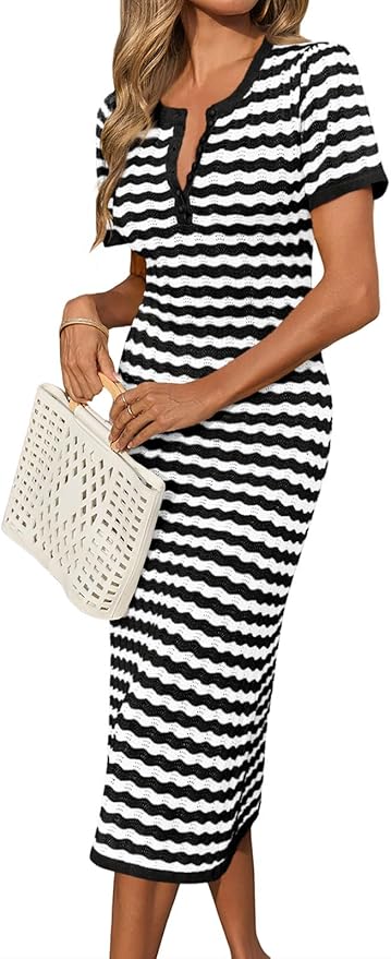 Short Sleeve Midi Dress Crochet Knit Hollow Out Striped Rickrack Summer Sweater Dresses