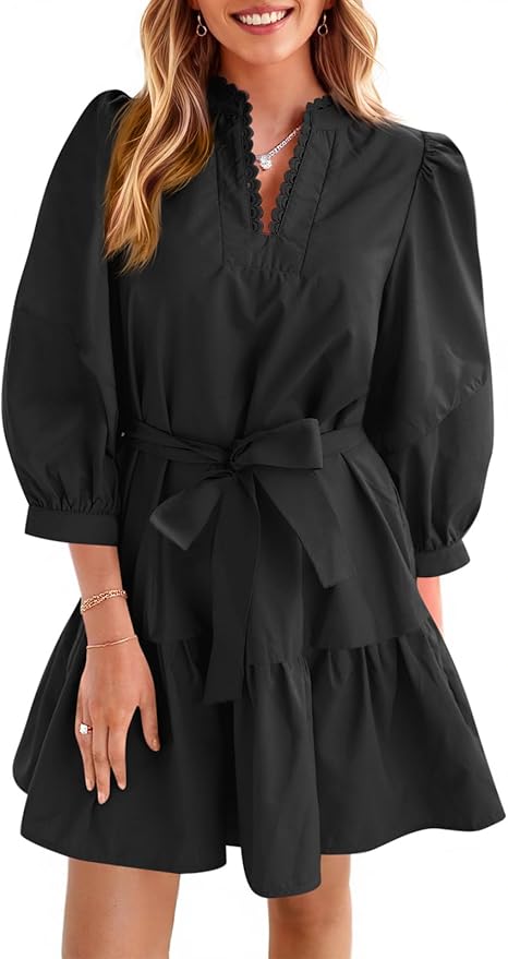 Puff 3/4 Sleeve Mini Dresses Bow Tie Waist V Neck Casual Trendy Ruffle Tiered Short Dresses