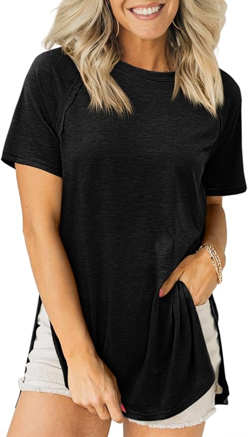 Short Sleeve Tunic Tops Summer Crew Neck Side Split T Shirts Casual Loose Fit Basic Tees Shirts