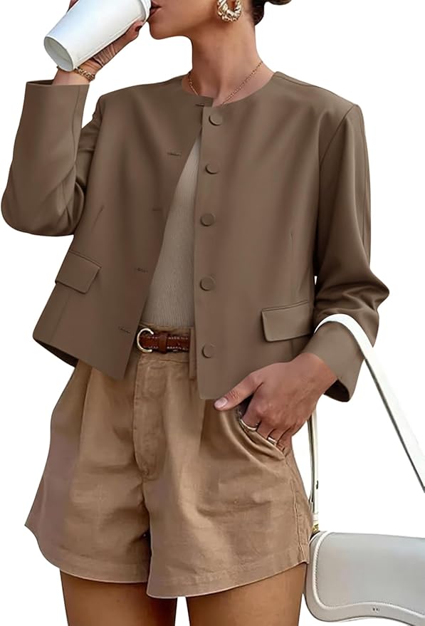 Balloon Long Sleeve Blazer Cropped Collarless Button Down Suit Jackets Business Casual Fall Outerwear