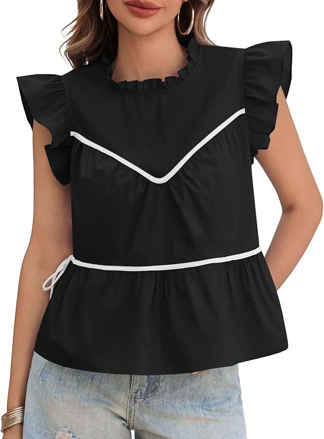 Ruffle Babydoll Tank Tops Summer Cotton Peplum Mock Neck Blouses Trendy Casual Pleated Bow Shirts