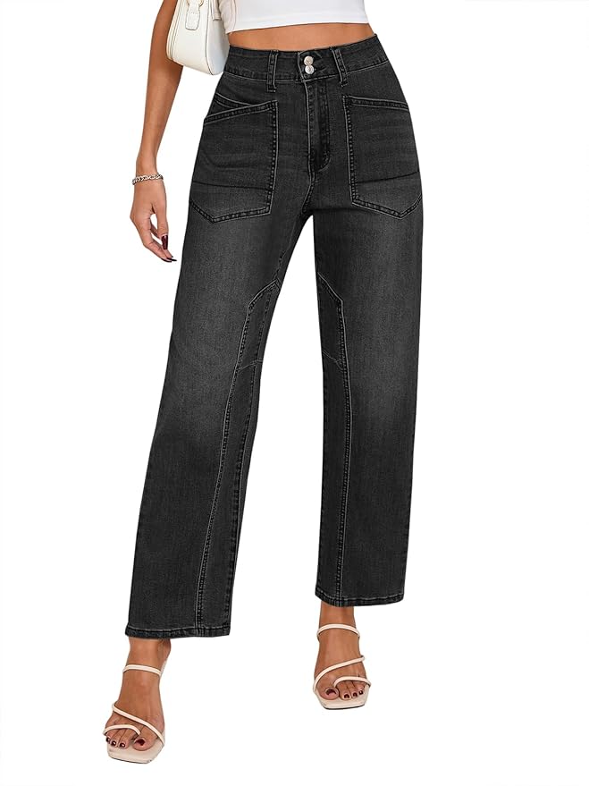 Baggy Straight Leg Jeans High Waisted Barrel Boyfriend Button Stretchy Trendy Denim Pants