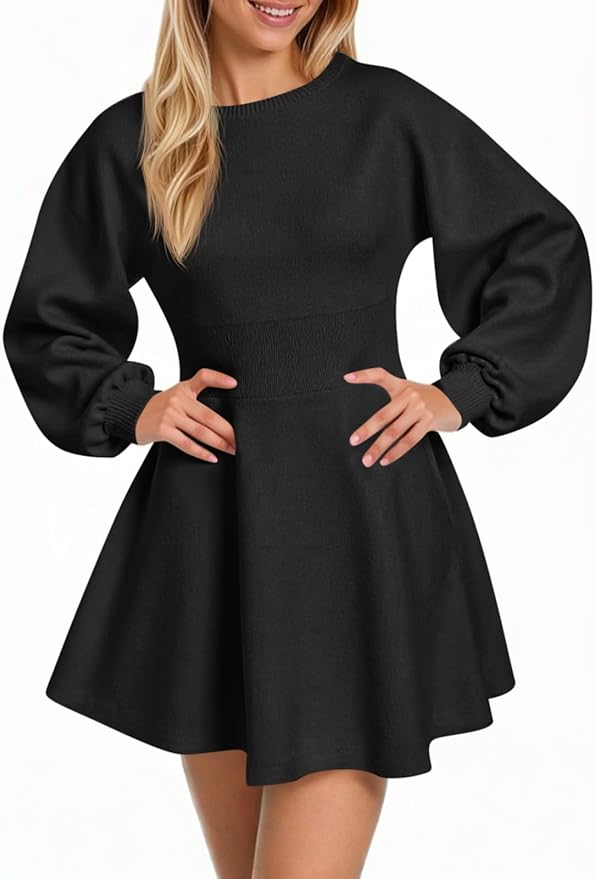 Puff Long Sleeve Sweater Dresses Casual Trendy A-Line Short Mini Dress Fall High Waisted Skater Dress
