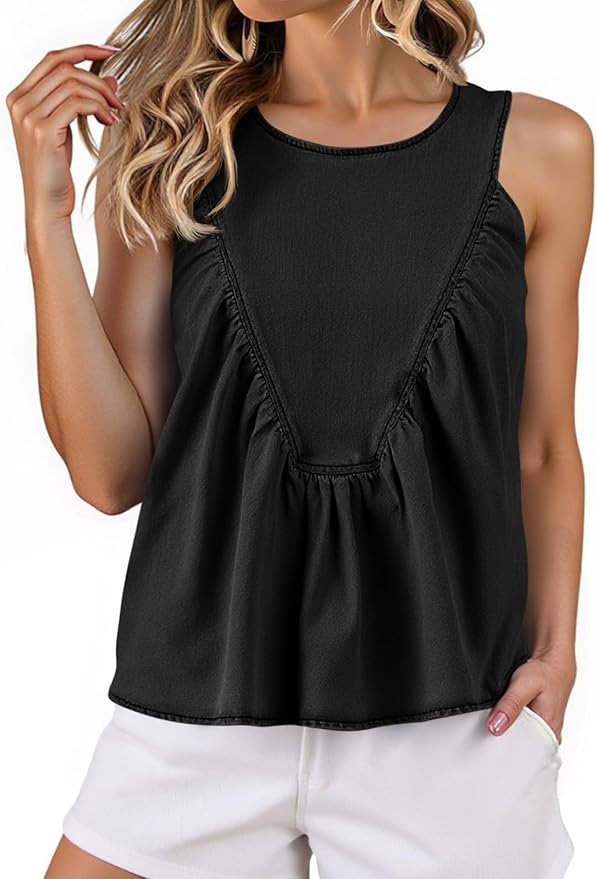 Babydoll Peplum Denim Tank Tops Loose Fit Swing Flowy Shirred Sleeveless T Shirts Going Out Cute Tees