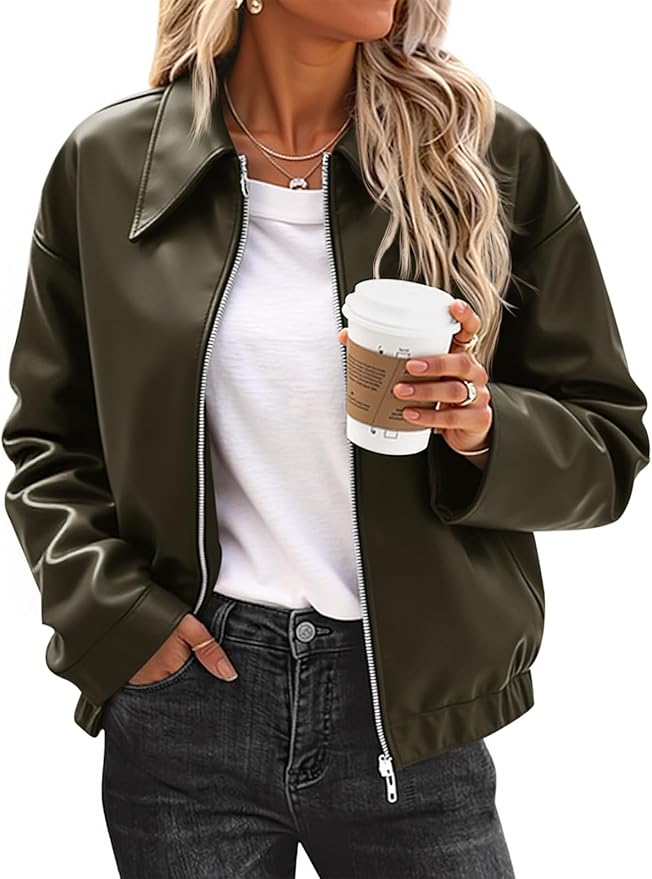Faux Leather Bomber Jackets Cropped Motorcycle Casual Coats Fall Trendy Zip Up Outerwear