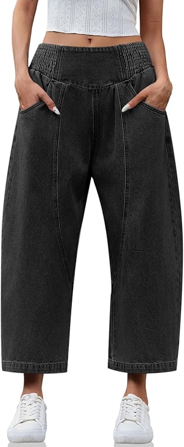 Wide Leg Cropped Jeans Baggy Boyfriend Smocked Mid Rise Harem Denim Pants