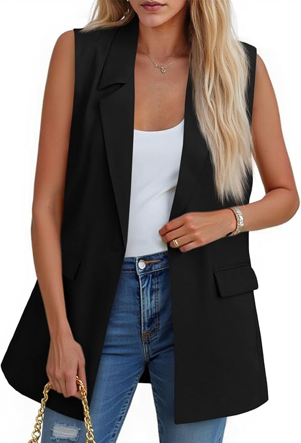 Sleeveless Blazer Vest Casual Open Front Single Button Summer Jacket with Pockets
