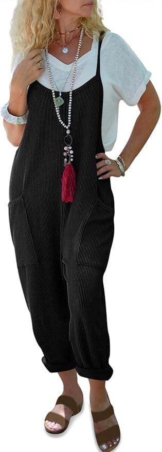 Summer Ribbed Knit Overalls Jumpsuits Casual V Neck Adjustable Spaghetti Strap Jumpsuit Beach Outfits