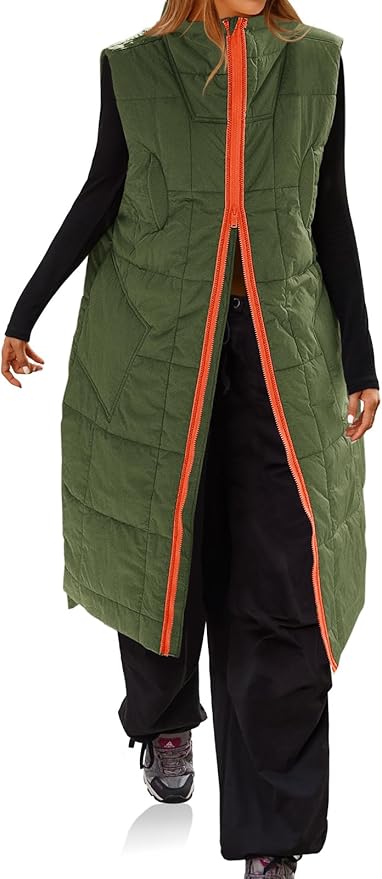 Long Quilted Puffer Vest Lightweight Sleeveless Winter Jackets Side Slit Packable Coats