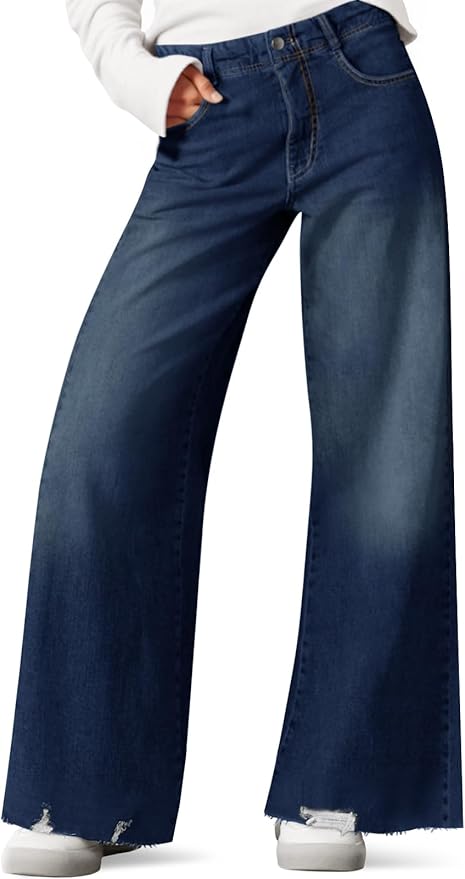 Wide Leg Jeans Casual High Waisted Distressed Frayed Hem Loose Trendy Baggy Denim Pants with Pockets