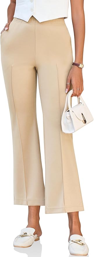 Flare Capri Pants Elastic High Waisted Cropped Dress Pants Trousers Stretchy Work Slacks