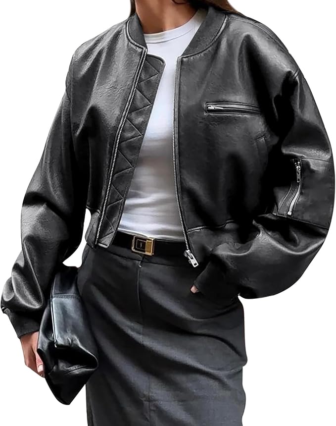 Faux Leather Bomber Jackets Baseball Collar Zip Up Cropped Biker Coat with Pockets