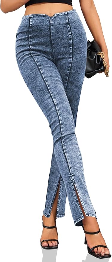 Sexy Stretchy Jeans High Waisted Straight Leg Jeggings Split Hem Going Out Denim Pants