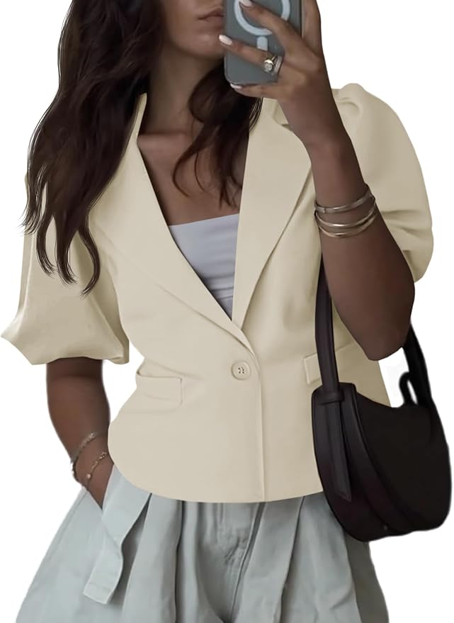 Puff Short Sleeve Blazers Business Casual Button Down Lightweight Suit Jackets